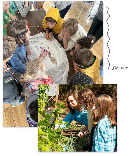 Children participating in educational activities indoors and outdoors; one group crafts while another explores nature