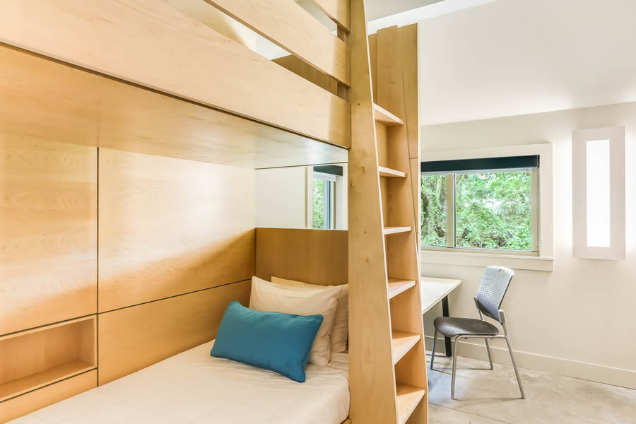 Compact and modern wooden loft bed with built-in desk and storage in a bright room